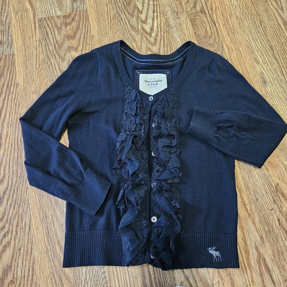 Y2K Abercrombie & Fitch S Women Navy Lace Chiffon Ruffle Cardigan Sweater Ribbed - Picture 11 of 11